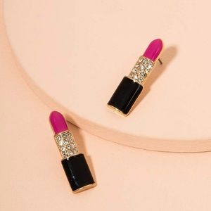 Rhinestone Pink Lipstick Tube Stud Earrings